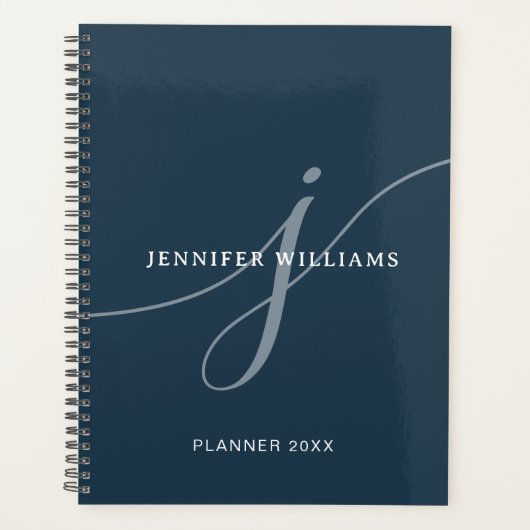 Elegant Plain Dusty Navy Blue Script Monogram Planner (Voorkant)
