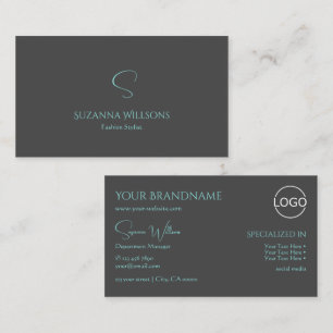 Elegant Plain Grey Blauwgroen met monogram en Logo Visitekaartje