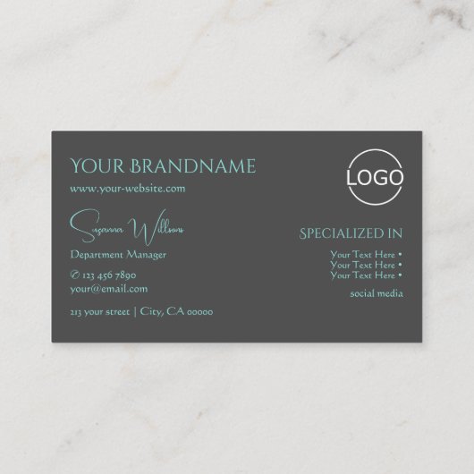 Elegant Plain Grey Blauwgroen met monogram en Logo Visitekaartje (Achterkant)