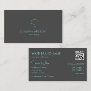 Elegant Plain Grey Blauwgroen met monogram en QR-c Visitekaartje