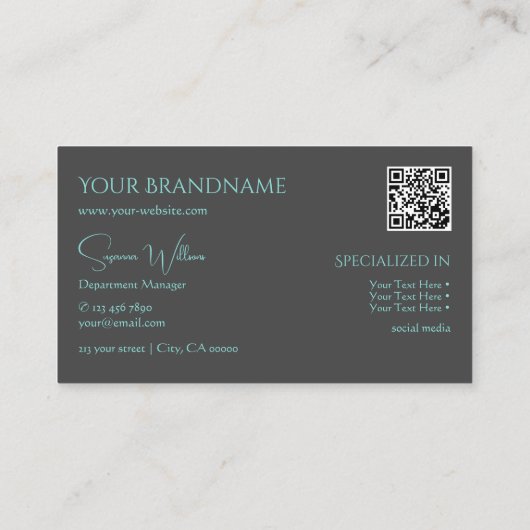 Elegant Plain Grey Blauwgroen met monogram en QR-c Visitekaartje (Achterkant)