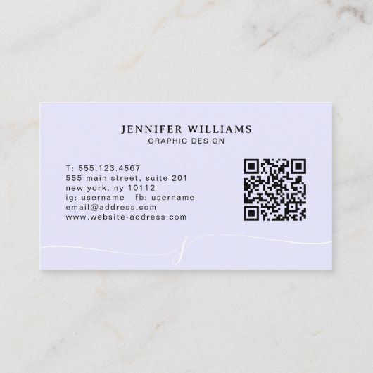 Elegant Plain Lavendel Script Monogram QR Code Visitekaartje (Achterkant)