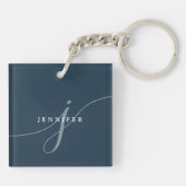Elegant Plain Navy Blue Script Monogram Sleutelhanger (Achterkant)