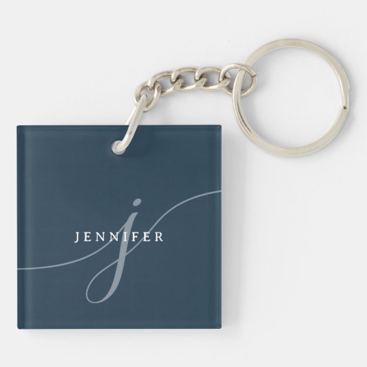 Elegant Plain Navy Blue Script Monogram Sleutelhanger (Achterkant)