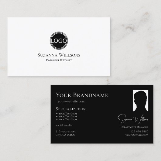 Elegant Plain White Black met Logo en foto's Visitekaartje (Voorkant / Achterkant)