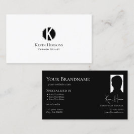 Elegant Plain White Black met monogram en foto Visitekaartje