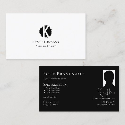 Elegant Plain White Black met monogram en foto Visitekaartje (Voorkant / Achterkant)