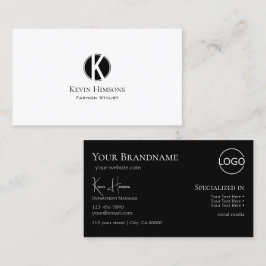 Elegant Plain White Black met monogram en Logo Visitekaartje