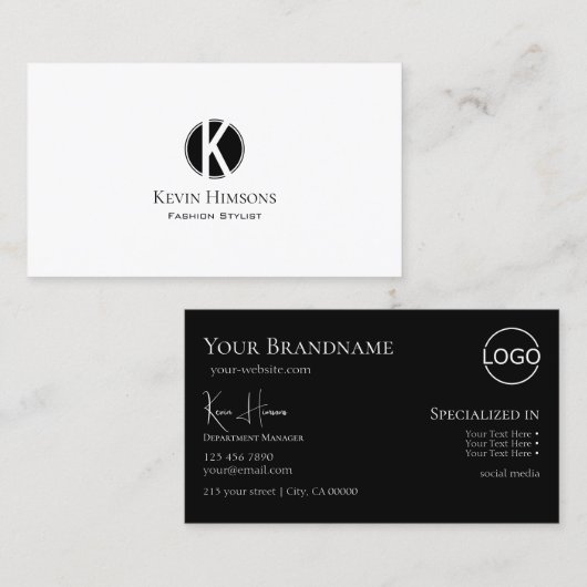 Elegant Plain White Black met monogram en Logo Visitekaartje (Voorkant / Achterkant)