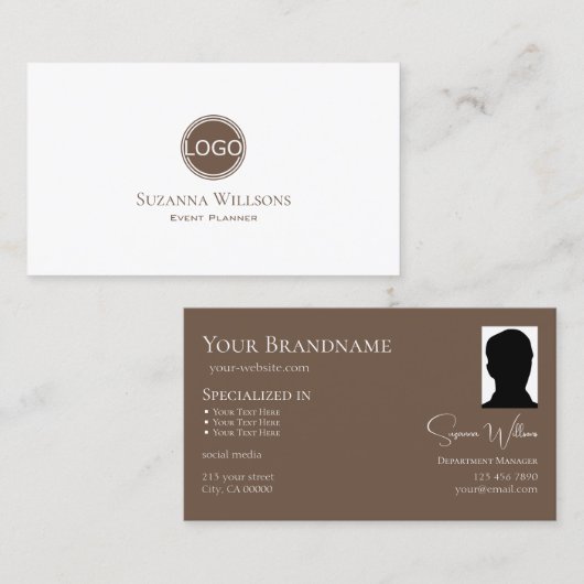 Elegant Plain White Brown met Logo en fotoafbeeldi Visitekaartje (Voorkant / Achterkant)