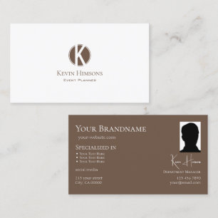 Elegant Plain White Brown met monogram en foto Visitekaartje
