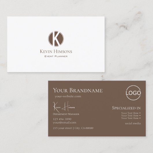 Elegant Plain White Brown met monogram en Logo Visitekaartje (Voorkant / Achterkant)