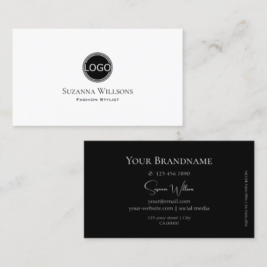 Elegant Plain White en Black met Logo stijlvol Visitekaartje (Voorkant / Achterkant)