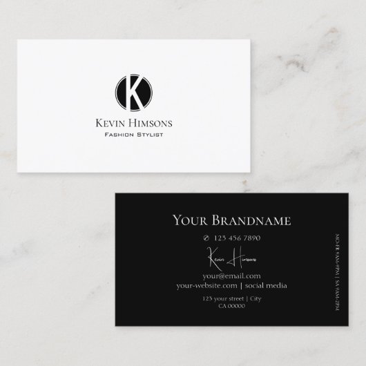 Elegant Plain White en Black met Monogram Modern Visitekaartje (Voorkant / Achterkant)
