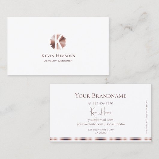 Elegant Plain White en Roos Gold met monogram Visitekaartje (Voorkant / Achterkant)