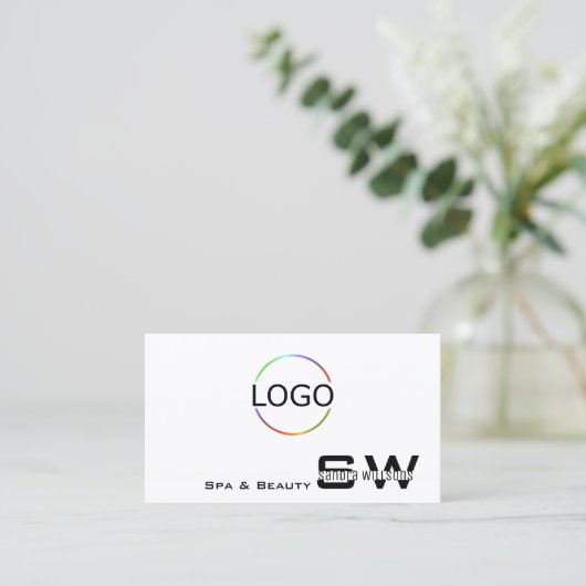 Elegant Plain White Modern met Monogram en Logo Visitekaartje (Staand voorkant)