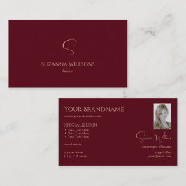 Elegant Plain Wine Red met Monogram en Foto Visitekaartje