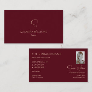 Elegant Plain Wine Red met Monogram en Foto Visitekaartje