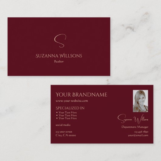 Elegant Plain Wine Red met Monogram en Foto Visitekaartje (Voorkant / Achterkant)