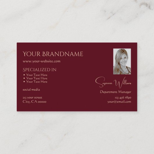 Elegant Plain Wine Red met Monogram en Foto Visitekaartje (Achterkant)