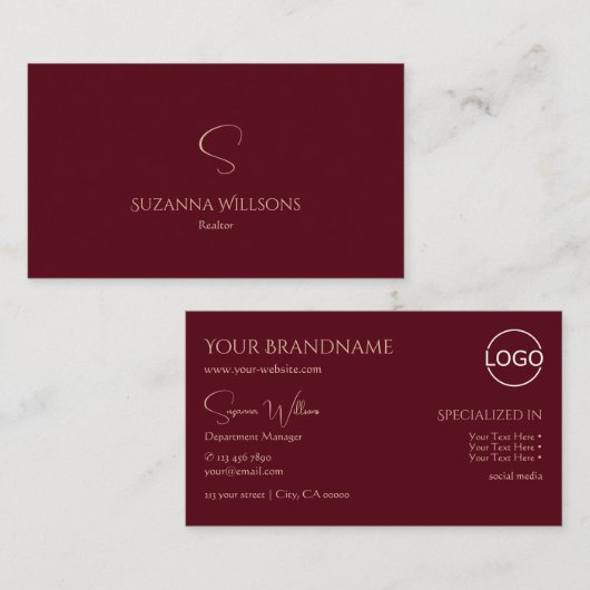Elegant Plain Wine Red met monogram en Logo Chic Visitekaartje (Voorkant / Achterkant)