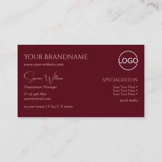 Elegant Plain Wine Red met monogram en Logo Chic Visitekaartje (Achterkant)