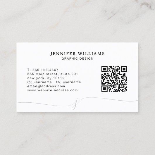 Elegant Plain Wit Zwart Script Monogram QR Code Visitekaartje (Achterkant)