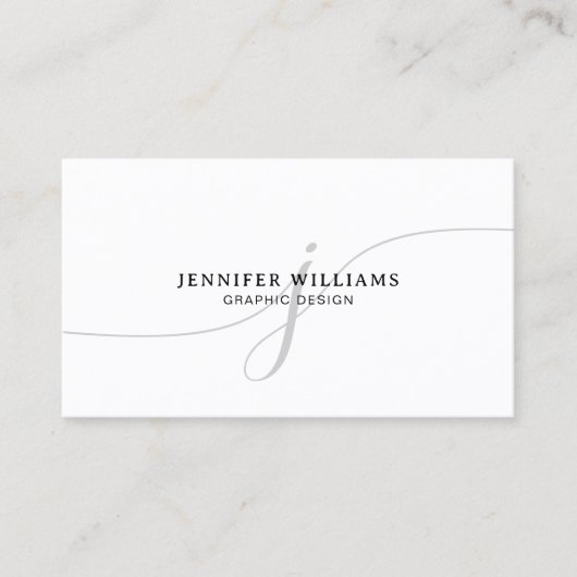 Elegant Plain Wit Zwart Script Monogram QR Code Visitekaartje (Voorkant)