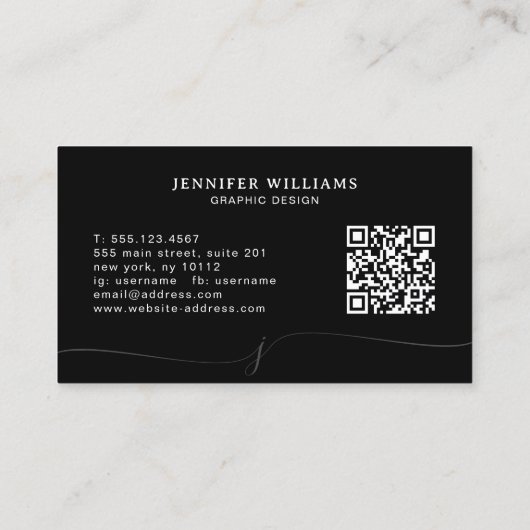 Elegant Plain Zwart Wit Script Monogram QR Code Visitekaartje (Achterkant)