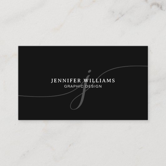 Elegant Plain Zwart Wit Script Monogram QR Code Visitekaartje (Voorkant)