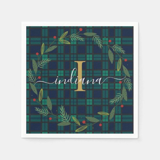 Elegant Plakken Monogram Script Krans Tartan Papie Servet (Voorkant)