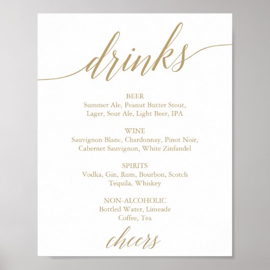 Elegant plat gouden kalligrafie drankkaart bord poster (Voorkant)