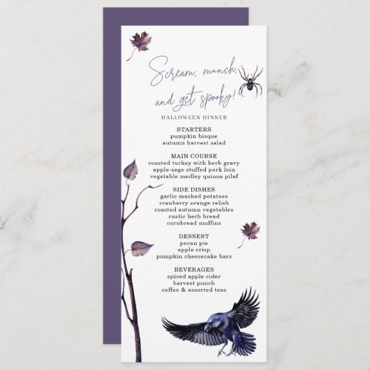 Elegant Plum & Black Crow Halloween Party Dinner Menu (Voorkant / Achterkant)