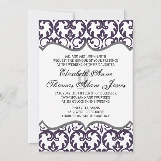 Elegant Plum Damask Heart Wedding Invitation Kaart (Voorkant)