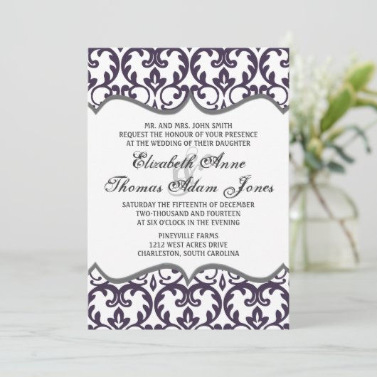 Elegant Plum Damask Heart Wedding Invitation Kaart (Staand voorkant)