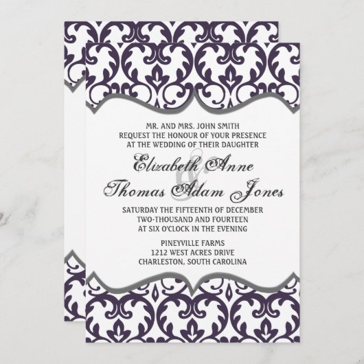 Elegant Plum Damask Heart Wedding Invitation Kaart (Voorkant / Achterkant)
