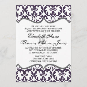 Elegant Plum Damask Heart Wedding Invitation Kaart