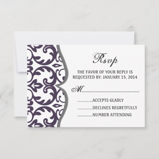 Elegant Plum Damask Heart Wedding RSVP Card (Voorkant)
