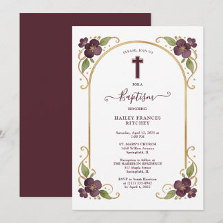 Elegant Plum Floral Gold Arch Baptism Celebration  Kaart