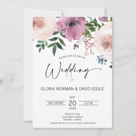 Elegant Plum Floral Wedding Invitation Kaart (Voorkant)