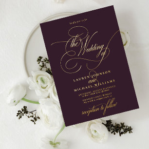 Elegant Plum Gold Modern Calligraphy Wedding Folie Folie Uitnodiging