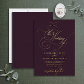 Elegant Plum Gold Modern Calligraphy Wedding Folie Folie Uitnodiging