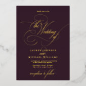 Elegant Plum Gold Modern Calligraphy Wedding Folie Uitnodiging (Voorkant)