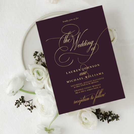 Elegant Plum Gold Modern Calligraphy Wedding Folie Uitnodiging