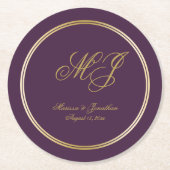 Elegant Plum Gold Monogram Script Weddenschap Ronde Kartonnen Onderzetter (Voorkant)