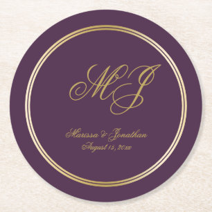 Elegant Plum Gold Monogram Script Weddenschap Ronde Kartonnen Onderzetter