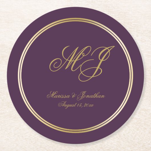 Elegant Plum Gold Monogram Script Weddenschap Ronde Kartonnen Onderzetter (Voorkant)