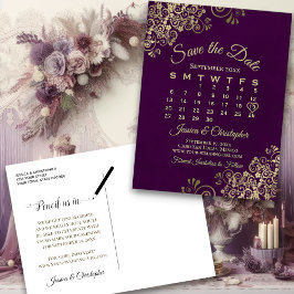 Elegant Plum & Gold Wedding Save the Date Calendar Aankondigingskaart