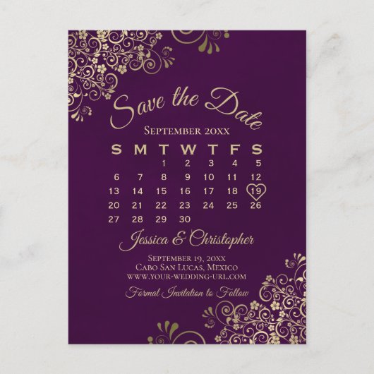 Elegant Plum & Gold Wedding Save the Date Calendar Aankondigingskaart (Voorkant)