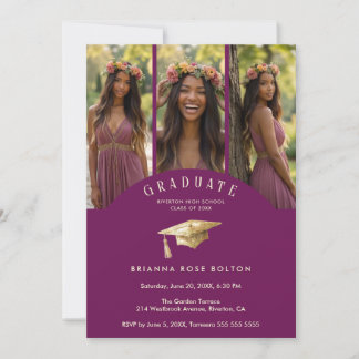 Elegant Plum Graduate Collage 3-Photo Graduation  Kaart